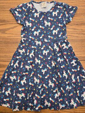 Frugi Navy Unicorn Magic Rainbow Skater Dress - Size 6-7 - Twirl Girls Summer
